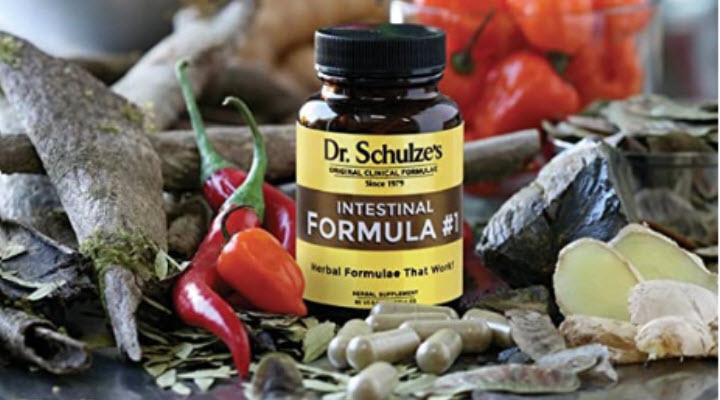 Image of a bottle of capsules containing Dr. Schulze’s Intestinal Formula #1. Strengthens and stimulates the muscular movement of the colon. A natural herbal supplement that powerfully promotes regular and complete bowel movements!