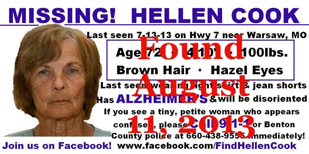 missing missouri woman helen cook has alzheimer's disease has been found