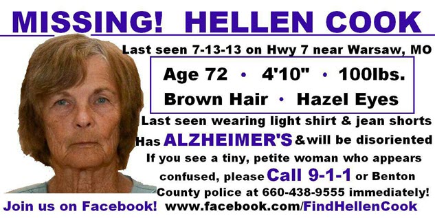 information on missing missouri woman helen cook has alzheimer's disease